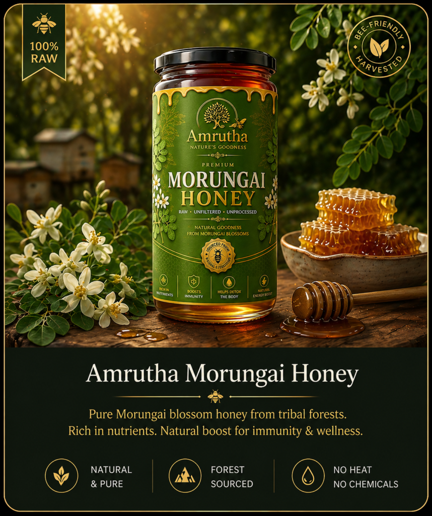 “Amrutha Morungai Honey with moringa flowers, honeycomb and natural forest background, pure raw honey”