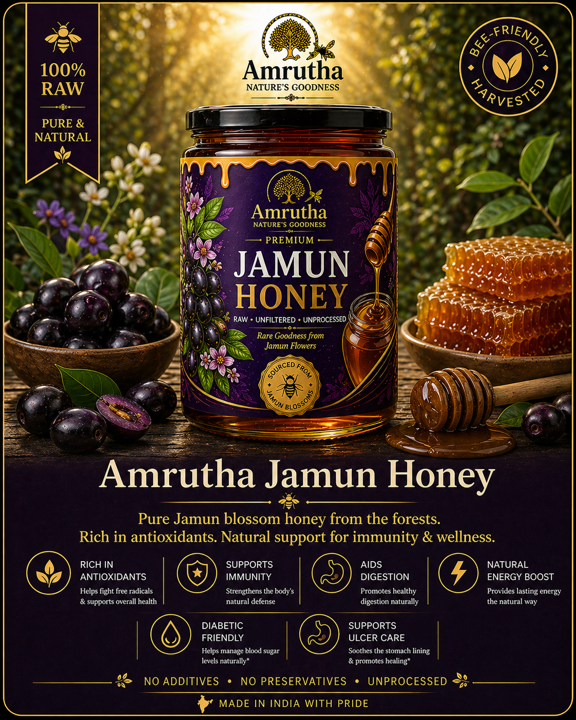 "High quality jamun honey 500g raw natural honey with low glycemic index"