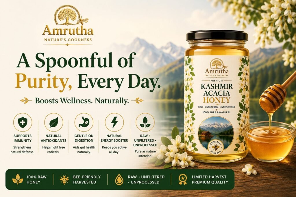 Premium Kashmir Acacia Honey bottle with raw honeycomb and fresh white flowers