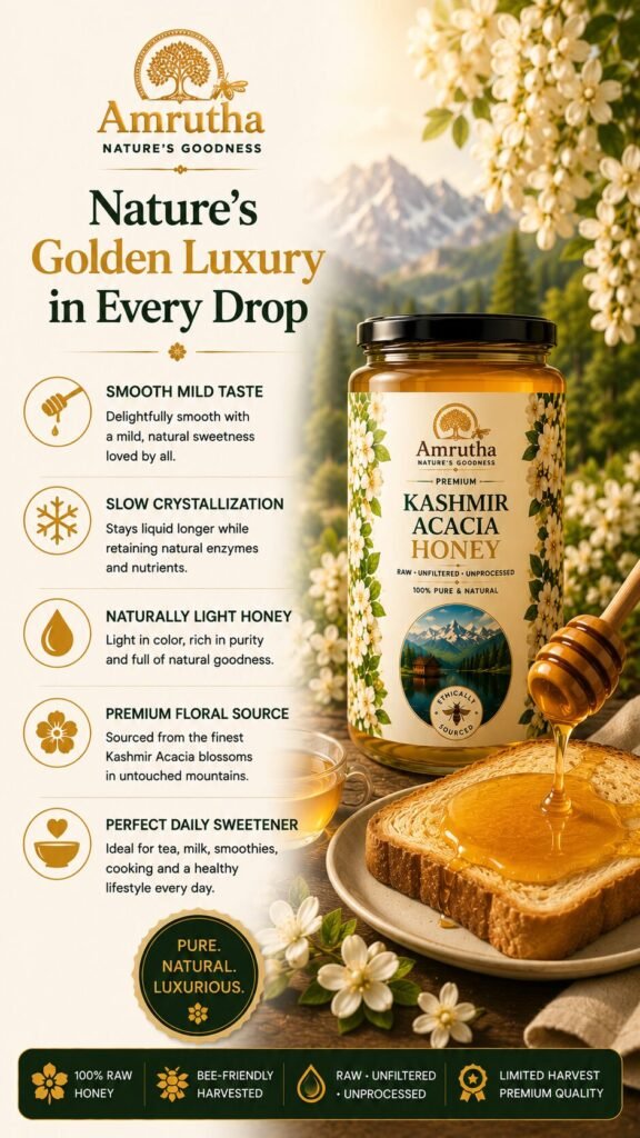 Amrutha Premium Acacia Honey bottle with a golden honeycomb and white blossoms set against a sunny mountain backdrop