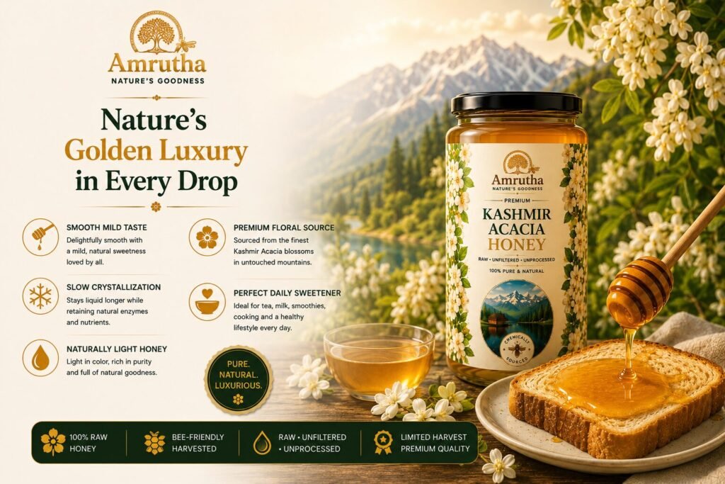 Premium White Acacia Honey highlighting its medicinal properties raw organic unheated texture