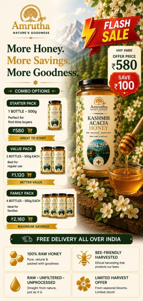 Amrutha Honey Flash Sale banner offering combo savings on natural honey bottles with a mountain background