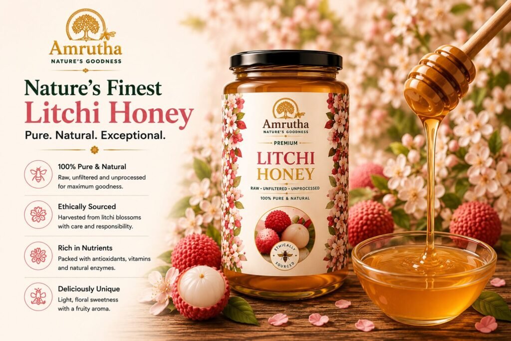 Amrutha Premium Litchi Honey bottle with fresh litchi fruits and a honey dipper