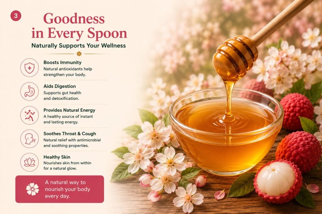 A bottle of Amrutha Litchi Honey surrounded by litchi blossoms and fruits