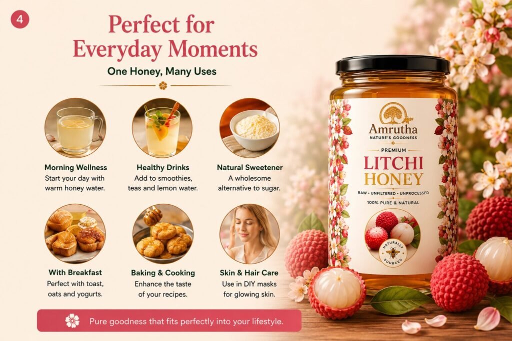A bottle of organic Amrutha Litchi Honey highlighting health benefits, raw purity, and natural antioxidant properties.