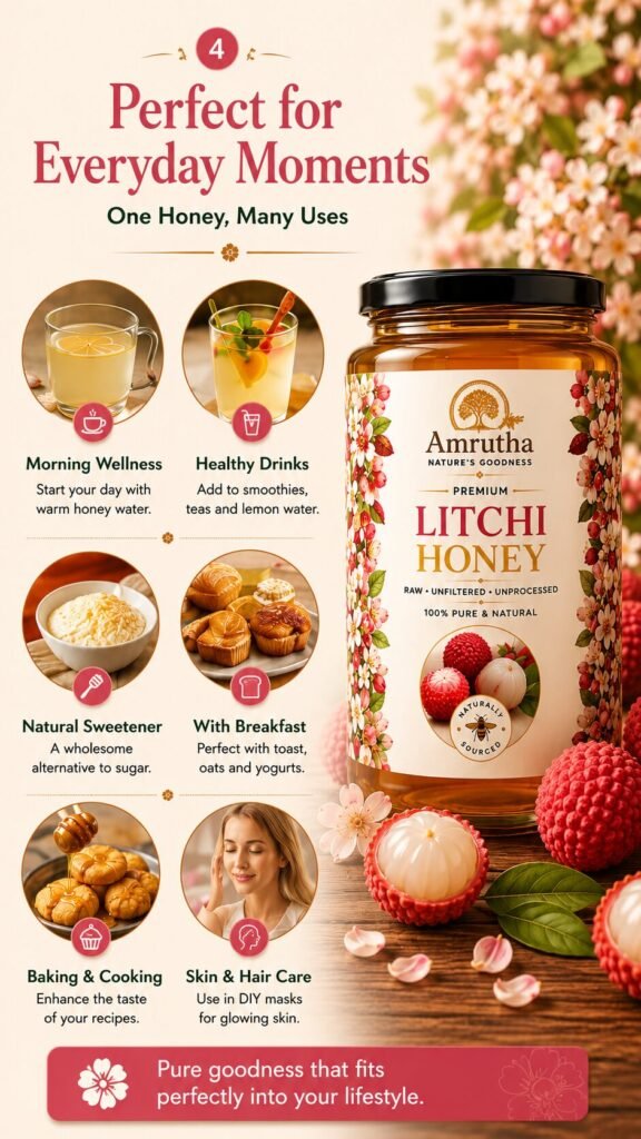 Infographic of Amrutha Litchi Honey showing daily lifestyle uses as a natural sweetener for morning wellness drinks, breakfast, and skin care.