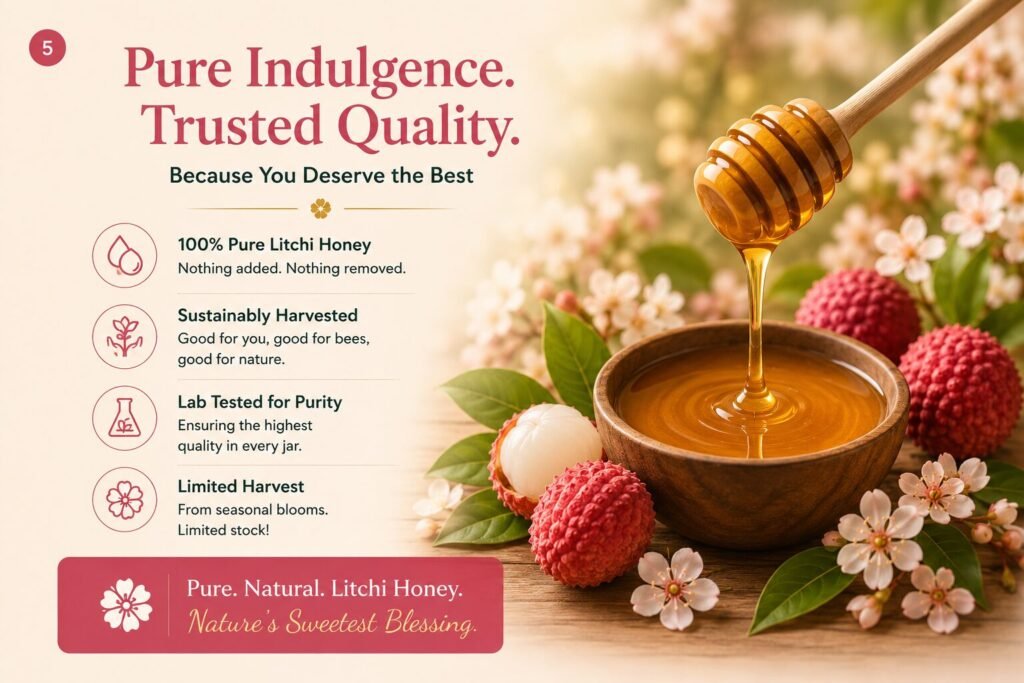Infographic of Amrutha Litchi Honey showing daily lifestyle uses as a natural sweetener for morning wellness drinks, breakfast, and skin care.