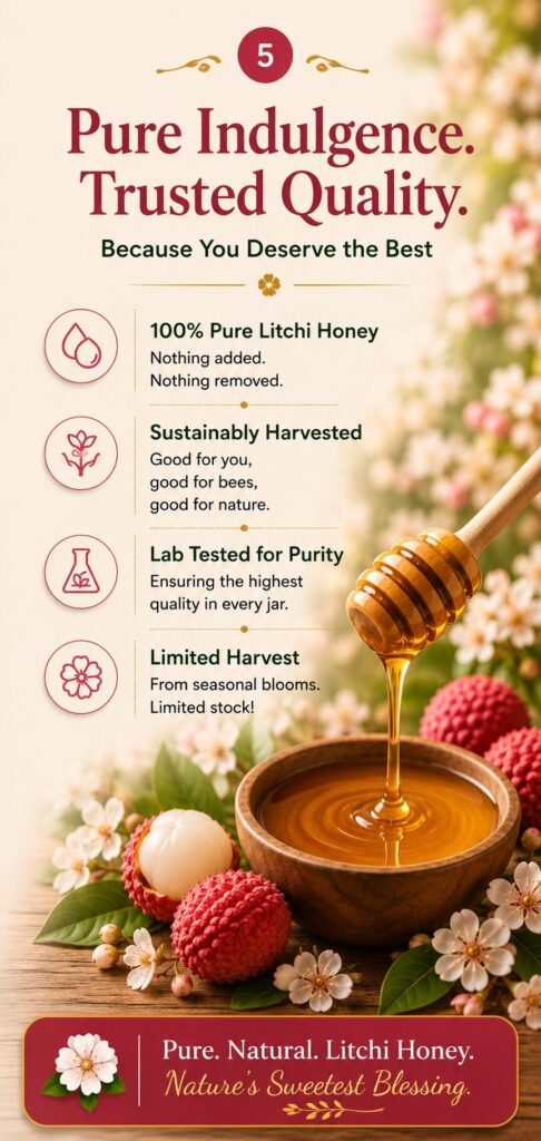 A bottle of organic Amrutha Litchi Honey highlighting health benefits, raw purity, and natural antioxidant properties.