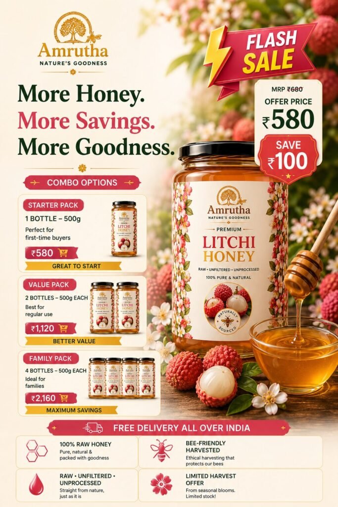 Premium quality Amrutha Litchi Honey bottle displayed with an elegant farm-fresh background representing 100% raw unheated honey.