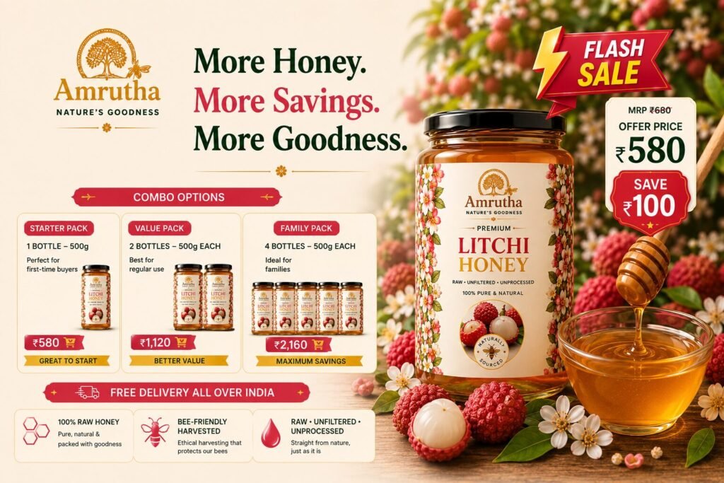 Premium quality Amrutha Litchi Honey bottle displayed with an elegant farm-fresh background representing 100% raw unheated honey.