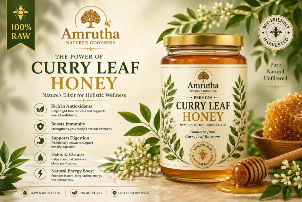 Amrutha Pure Organic Curry Leaf Honey main desktop banner featuring a golden honey bottle with lush green curry leaves and a nature-inspired background.