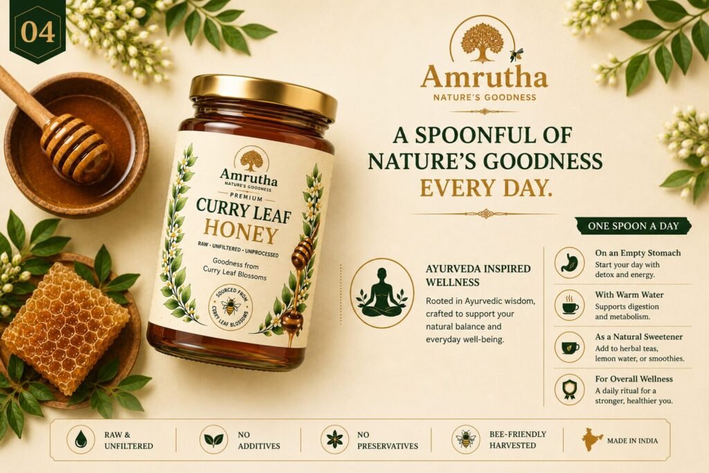 Amrutha Honey brand slide showing organic harvesting process and 100% natural purity with a "Farm to Table" or "Tribal Roots" message.