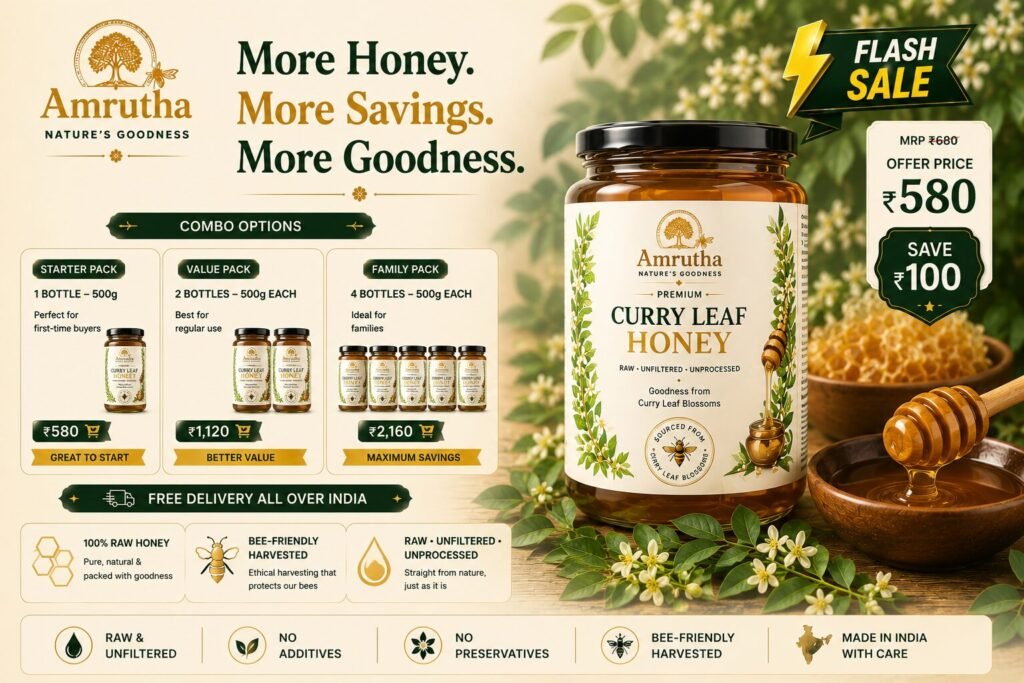Final desktop slide displaying the full Curry Leaf Honey collection including Starter Pack, Family Pack, and Mega Saver options with a Shop Now button.