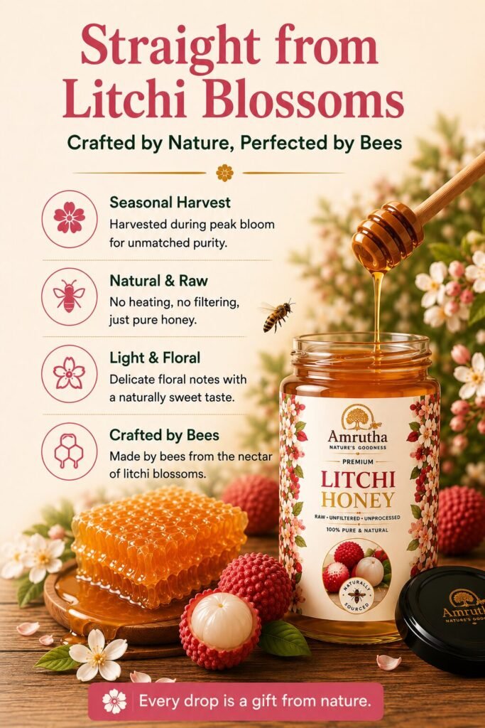Amrutha Premium Litchi Honey bottle with fresh litchi fruits and a wooden honey dipper