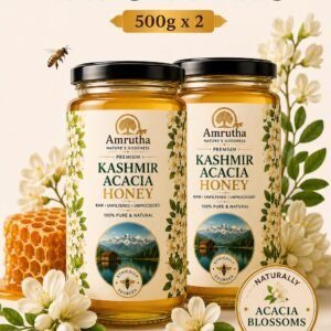 Amrutha Premium Kashmir Acacia Honey Family Pack featuring two 500g bottles with fresh white acacia flowers
