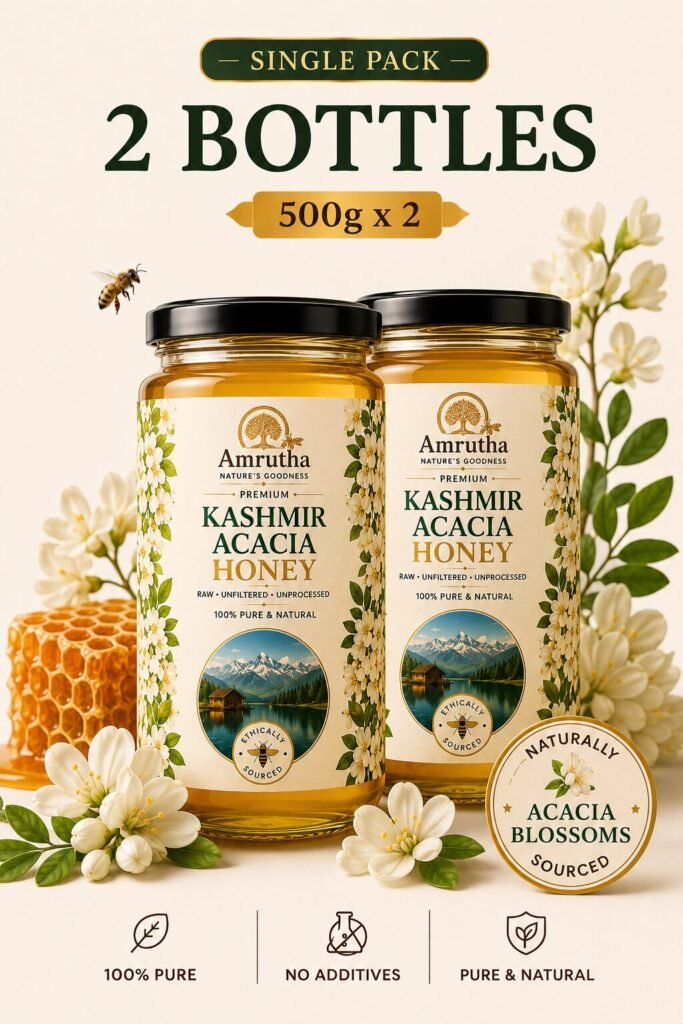 Amrutha Premium Acacia Honey Family Pack featuring two 500g bottles with fresh white acacia flowers