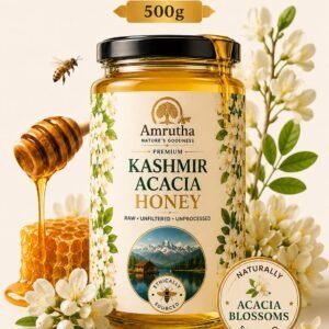Amrutha Premium Kashmir Acacia Honey 500g Starter Pack bottle with acacia blossoms highlighting 100% pure and natural quality
