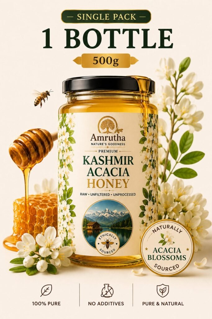 Amrutha Premium Acacia Honey 500g Starter Pack bottle with acacia blossoms highlighting 100% pure, no additives, and pure and natural qualities