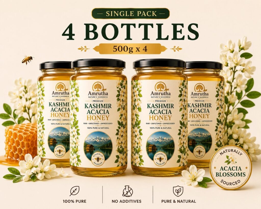 Amrutha Premium Kashmir Acacia Honey Mega Saver Pack featuring four 500g bottles with honeycomb and white flowers