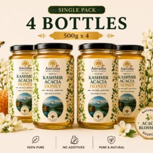 Amrutha Premium Kashmir Acacia Honey Mega Saver Pack featuring four 500g bottles with raw honeycomb and white flowers