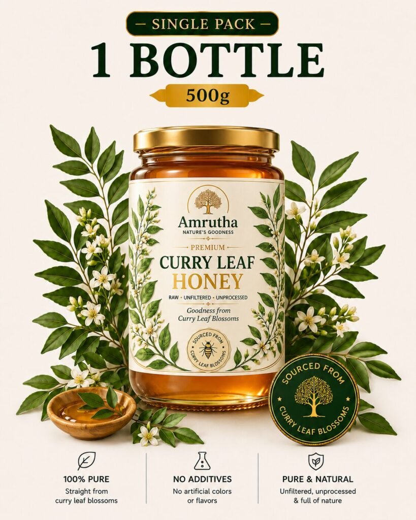Amrutha Pure Organic Curry Leaf Honey 500g Starter Pack bottle displaying a limited harvest offer discount price of 580 rupees.  Offer Image 2 (Family Pack)