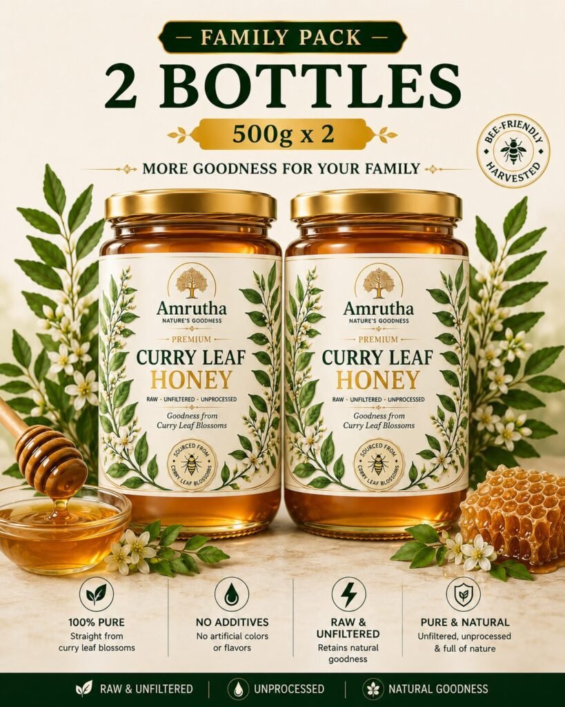 Two 500g bottles of Amrutha Curry Leaf Honey Family Pack showing a special combo deal price of 1100 rupees.