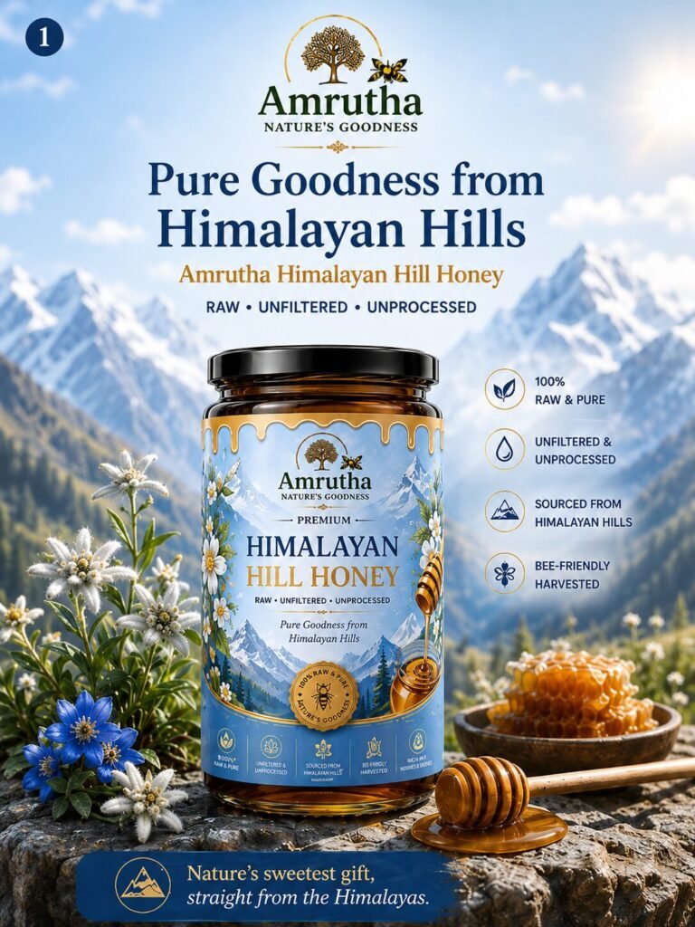 Mobile banner for Amrutha Premium Himalayan Hill Honey 100% pure raw honey jar with mountain backdrop.
