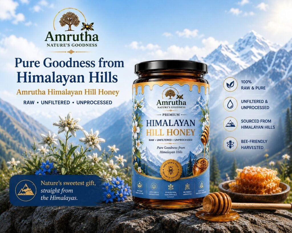Amrutha Premium Himalayan Hill Honey raw and unprocessed 100% pure honey bottle with honey dripping from a honeycomb against mountains.