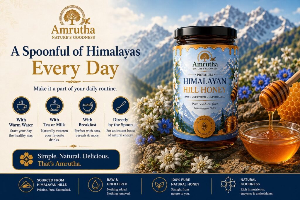 Infographic stating nothing is added or removed from Amrutha honey, ensuring pure honey in its natural form.