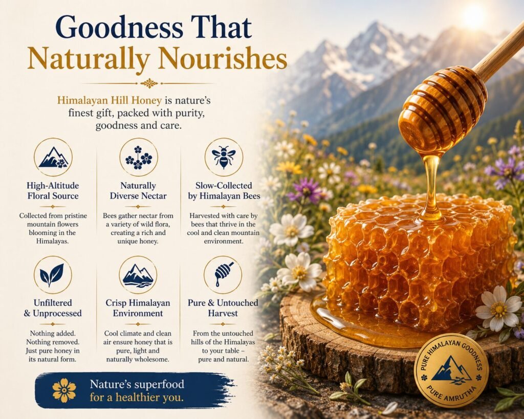 Infographic illustrating bees gathering nectar from a variety of wild flora to create a rich and unique Himalayan honey.