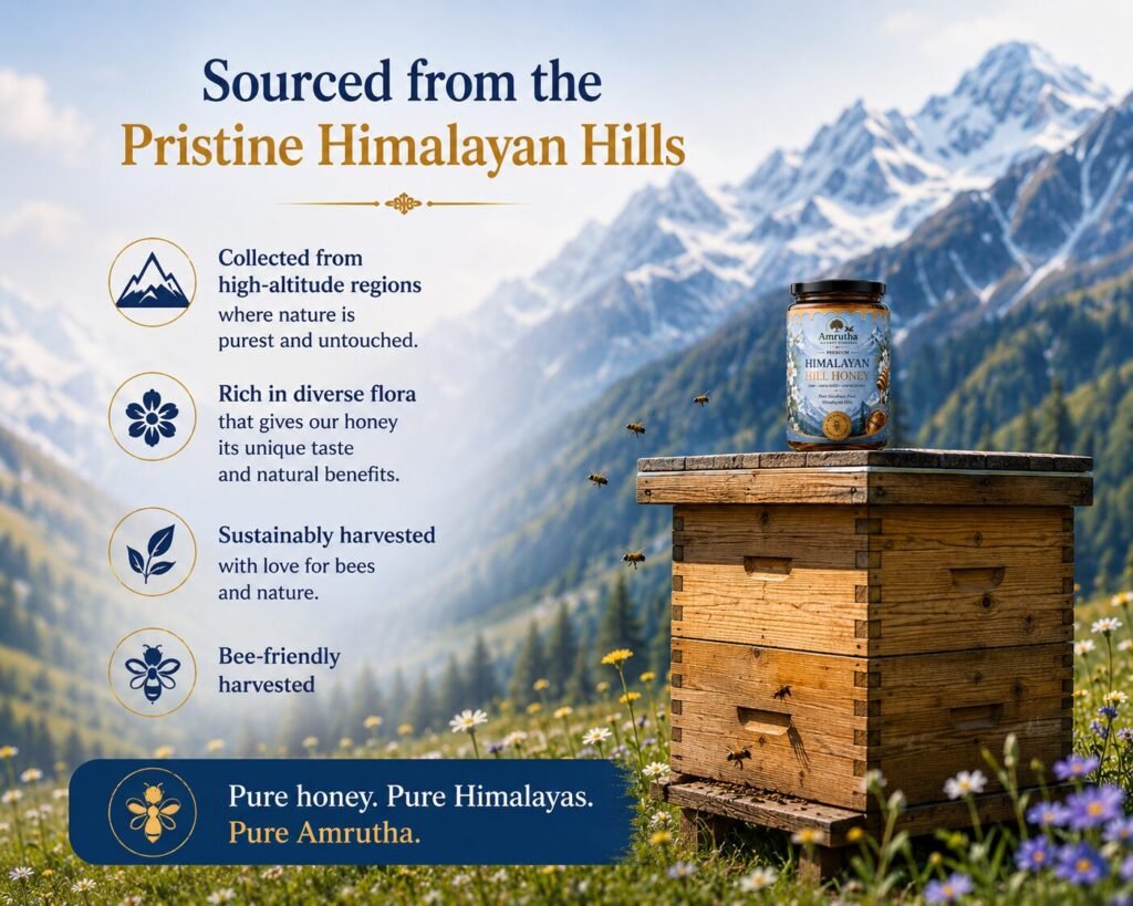 Infographic showing Amrutha Himalayan Hill Honey is collected from pristine mountain flowers blooming in the high-altitude Himalayas.