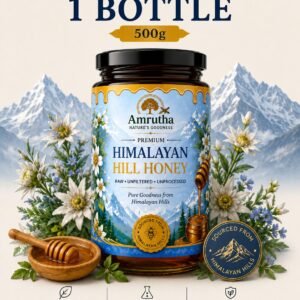 Amrutha Premium Himalayan Hill Honey 500g single bottle pack with snowy mountains background
