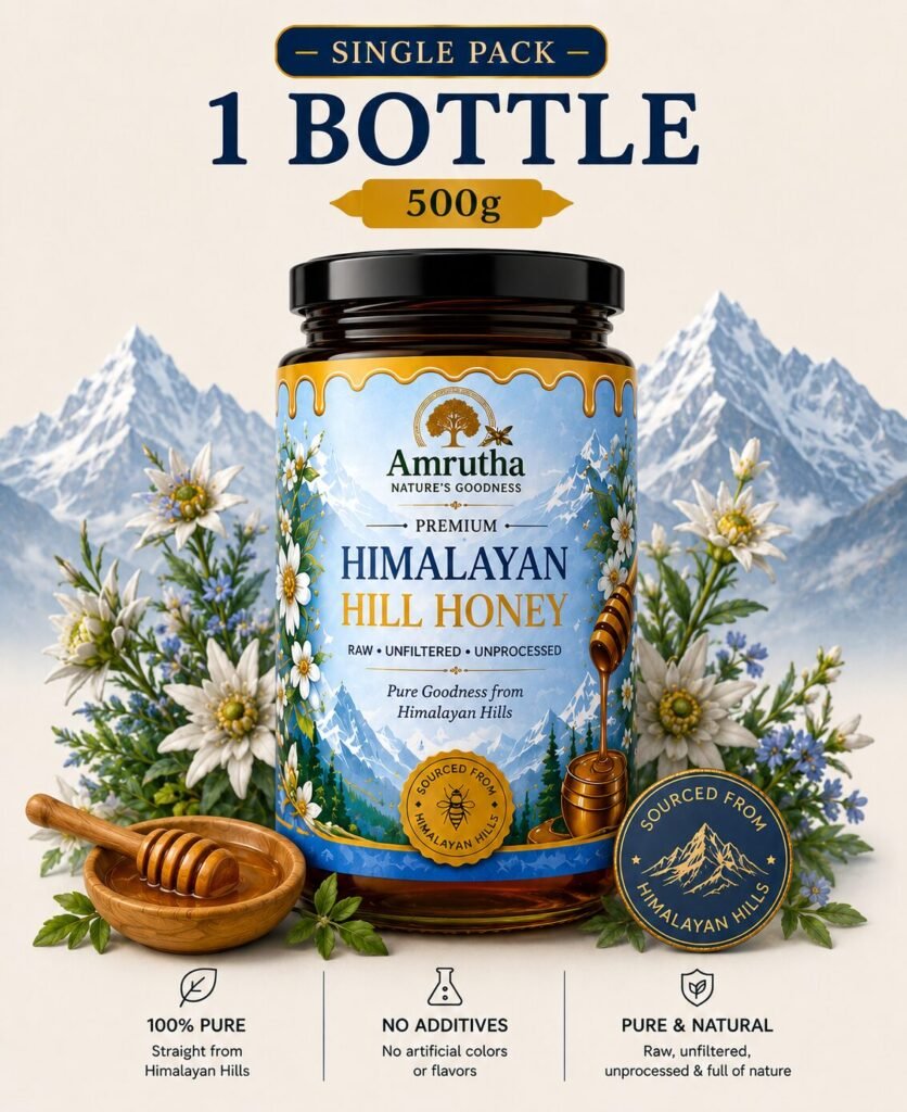 Amrutha Himalayan Hill Honey Starter Pack 500g glass jar with mountain flowers illustration.