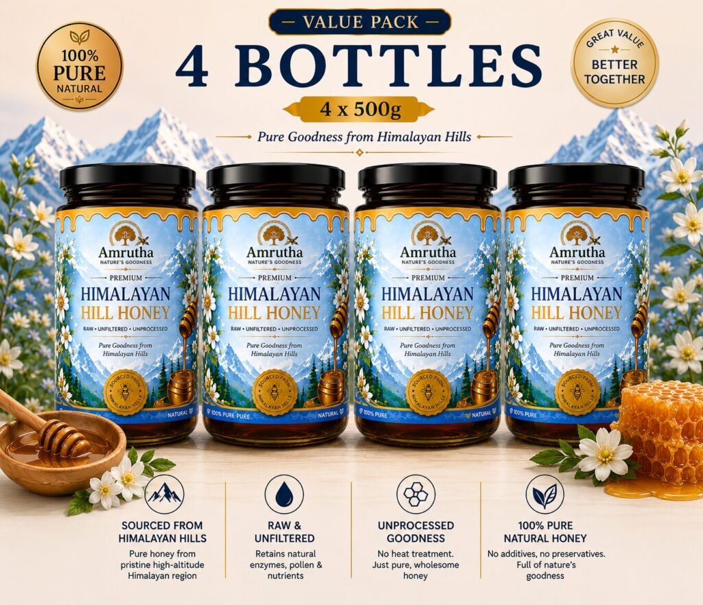 Four jars of Amrutha Premium Himalayan Hill Honey arranged in a row Mega Saver Pack bundle.