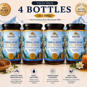 Amrutha Premium Himalayan Hill Honey 4x500g Mega Saver Pack with four bottles and snowy mountains