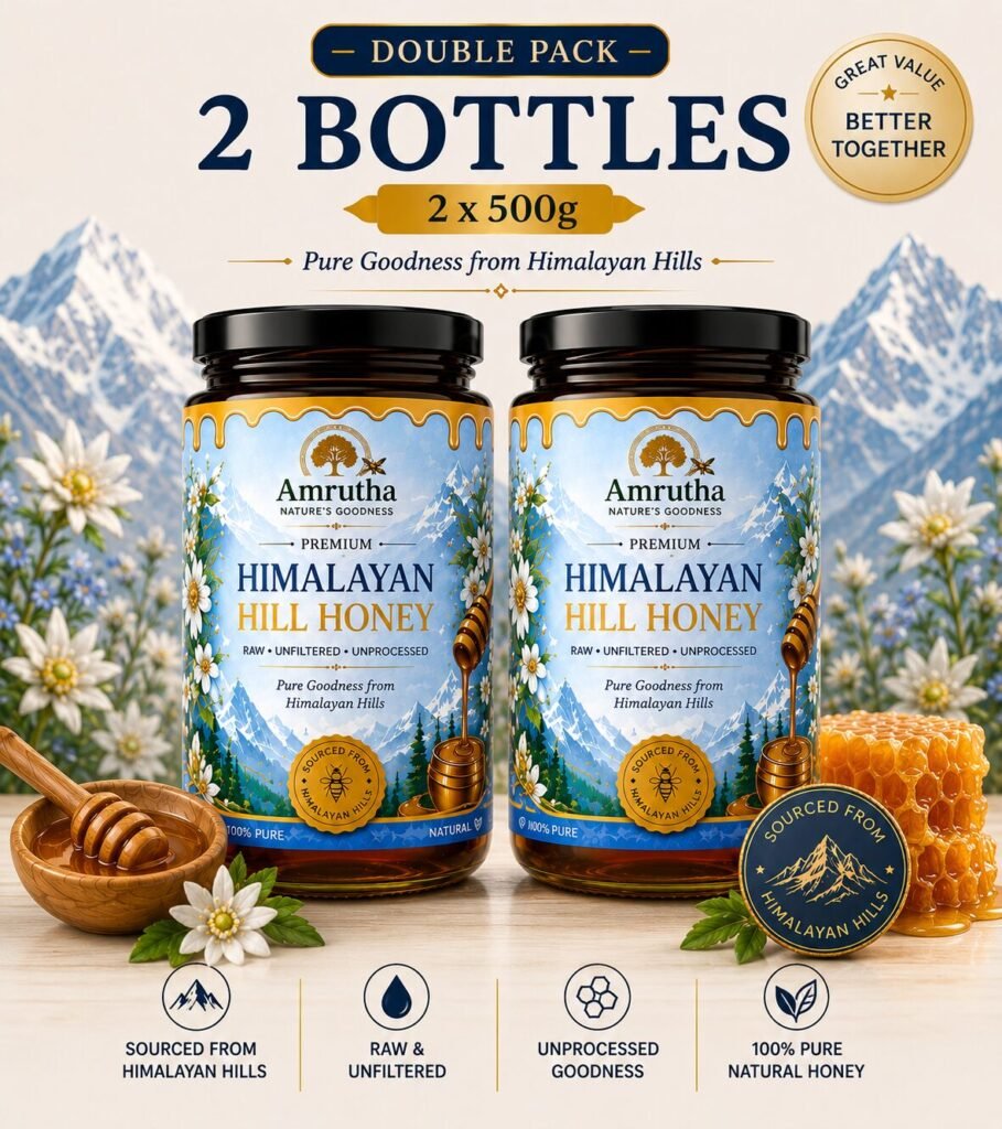 Two bottles of Amrutha Premium Himalayan Hill Honey 500g each Family Pack bundle deal.