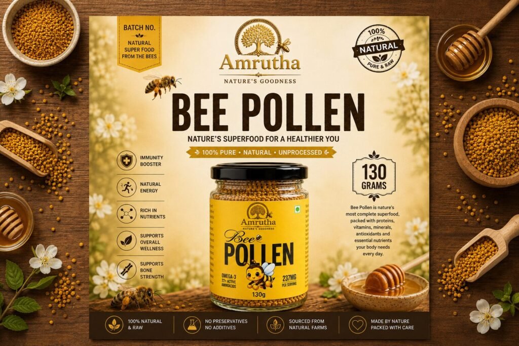 Amrutha Natural Bee Pollen infographic showcasing health benefits like immunity booster, natural energy, bone strength, and skin health