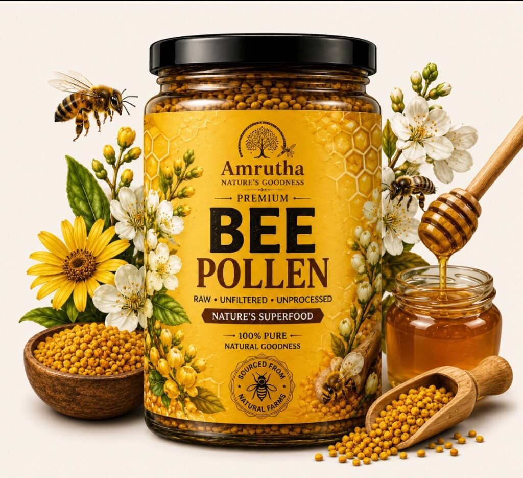 Amrutha Natural Bee Pollen 130g glass jar with organic pollen granules scattered around a honey dipper
