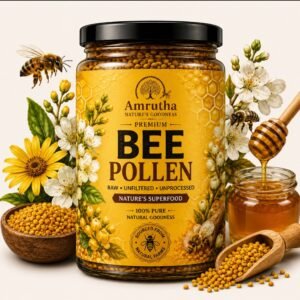 Amrutha Natural Bee Pollen 130g glass jar with organic pollen granules scattered around a honey dipper