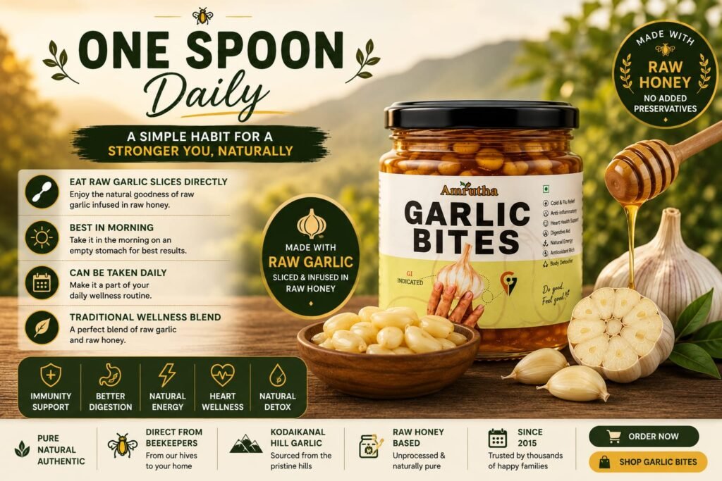 Premium Kodaikanal hill garlic infused in 100% pure raw honey jar with benefits icons.
