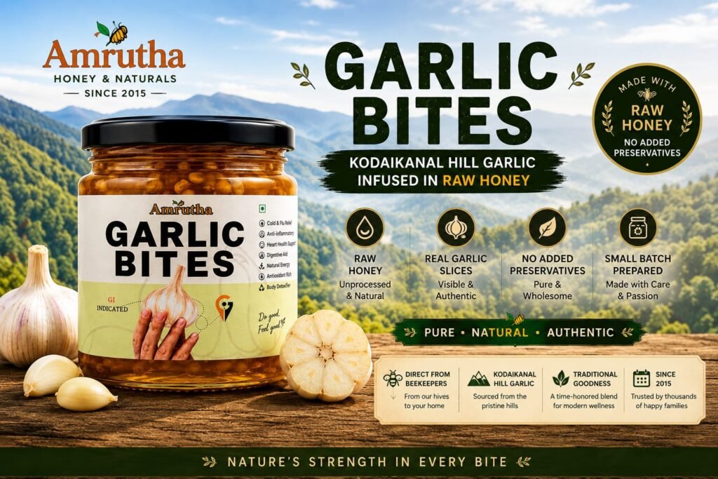 Amrutha Garlic Bites jar of Kodaikanal hill garlic infused in raw honey next to whole garlic cloves on a rustic background.