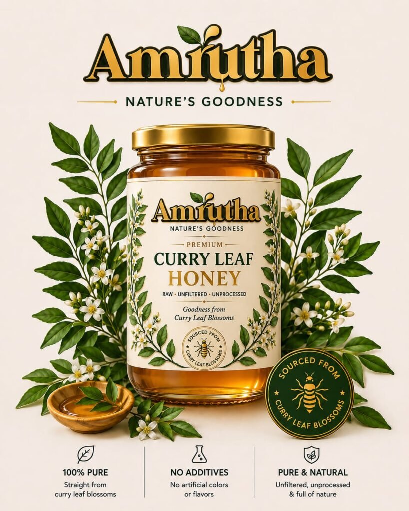 Amrutha Curry Leaf Honey bottle surrounded by fresh green curry leaves, showcasing raw natural wellness.